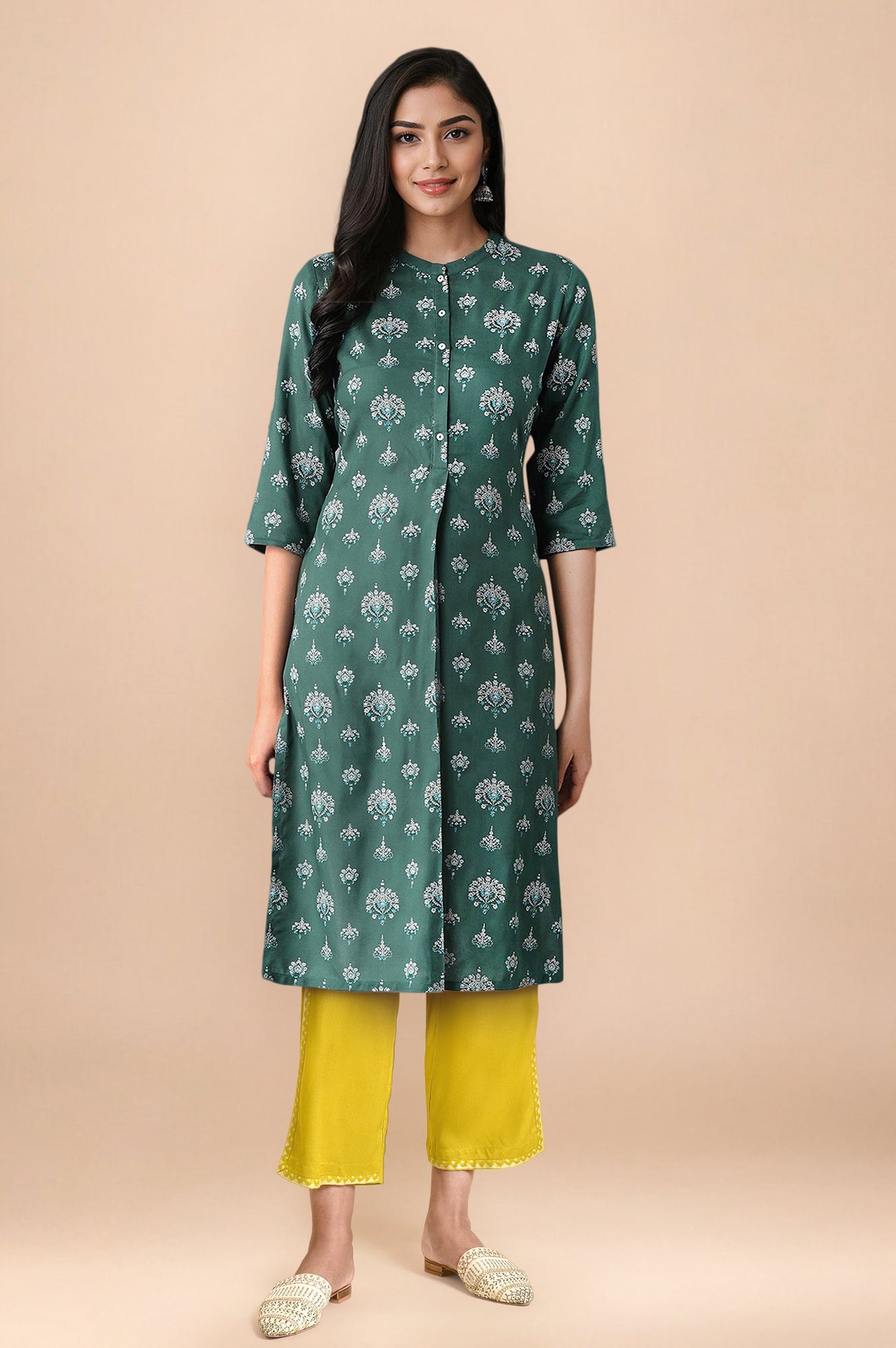 Green Floral Printed Lace Rayon Straight Kurta and Straight Pant Set