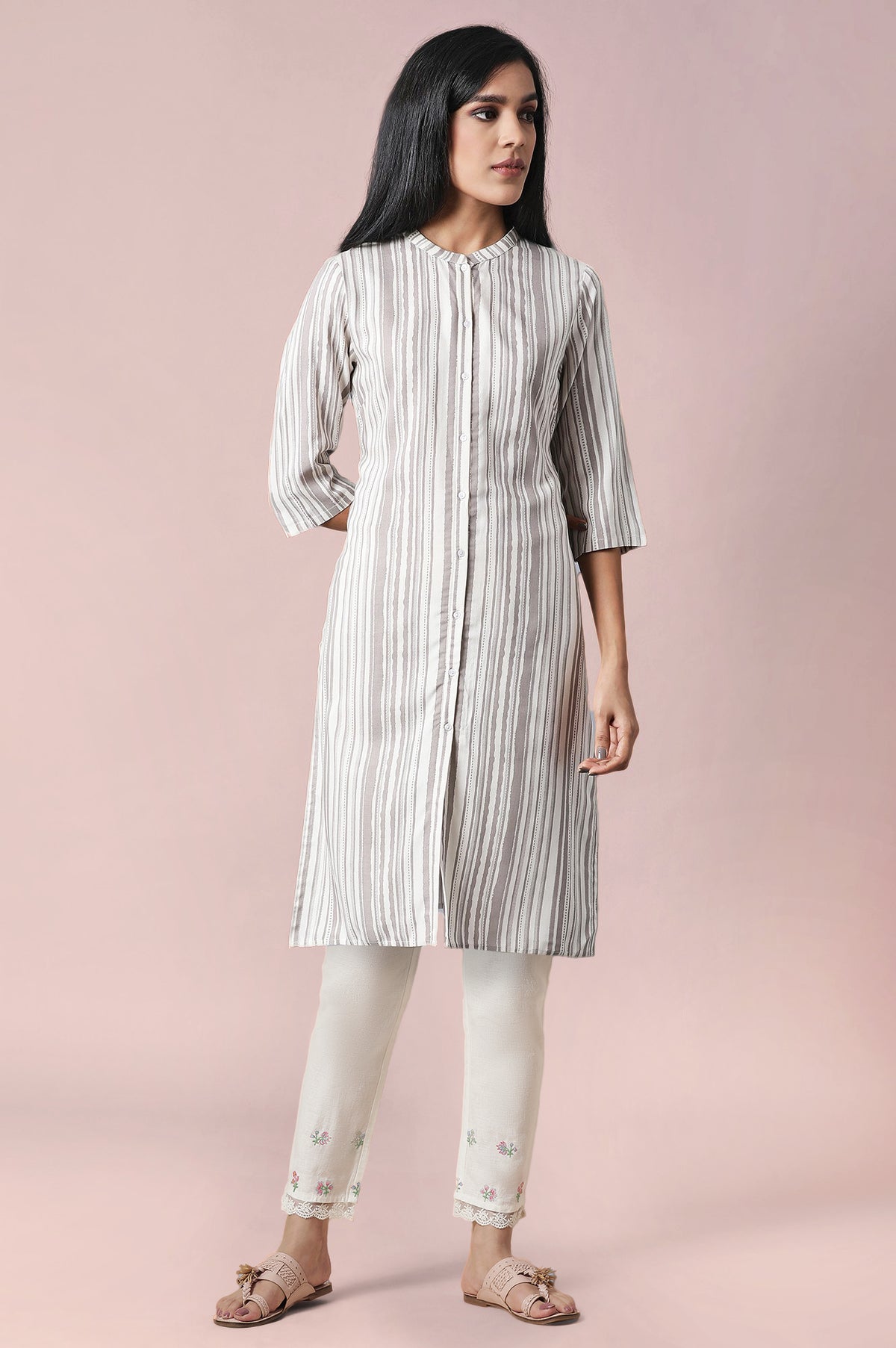 Ecru Striped Thread Work Rayon Straight Kurta and Slim Pant Set - XS