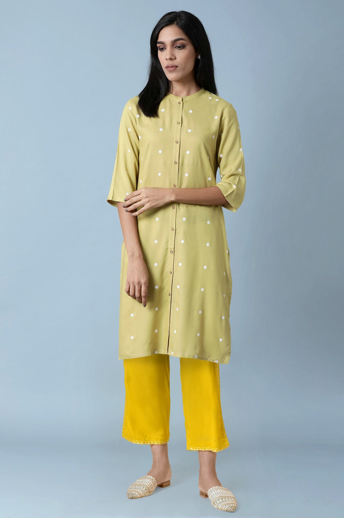 Light Green Polka Dots Lace Rayon Straight Kurta and Straight Pant Set - XS