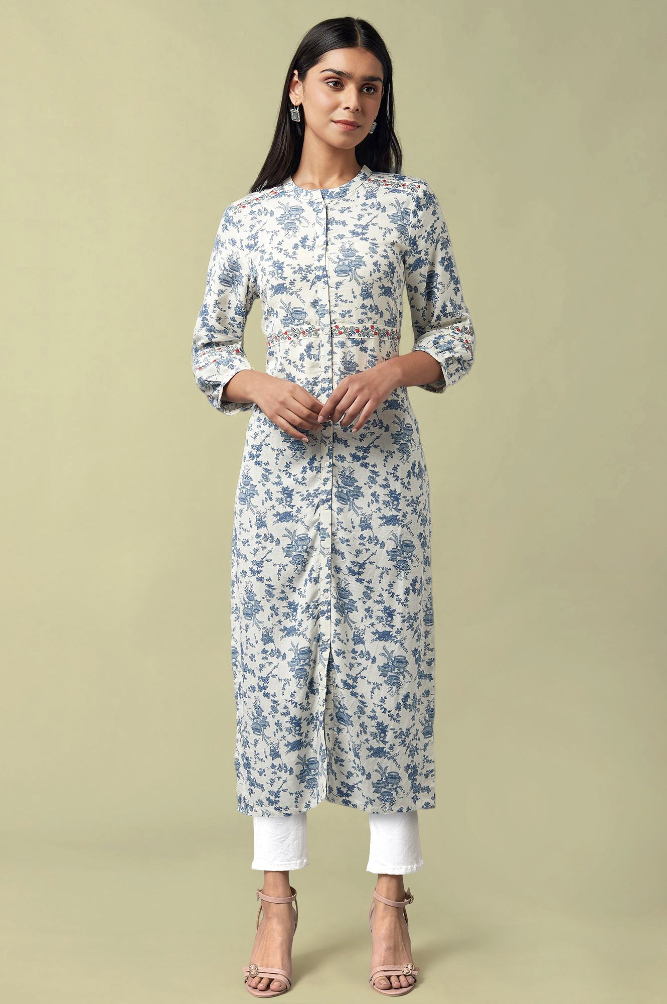 Ecru Floral Printed Thread Embroidered Rayon Flax Straight Kurta and Jegging Set