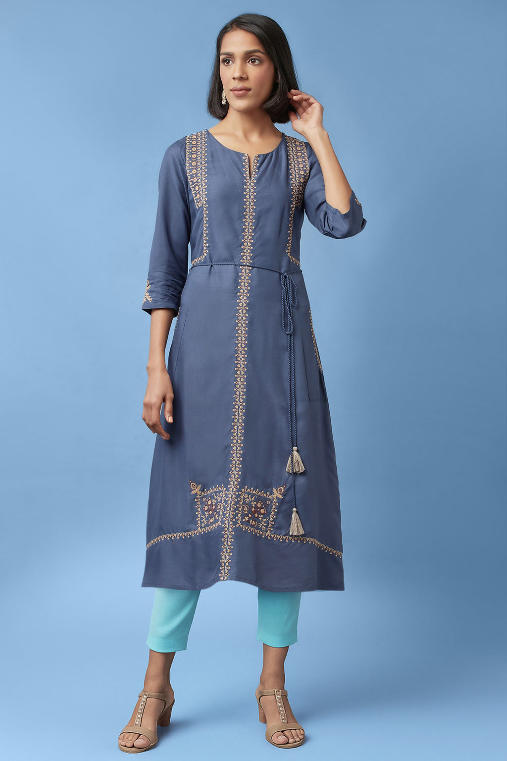 Dark Blue Solid Thread Embroidered Rayon A-Line Dress and Slim Pant Set