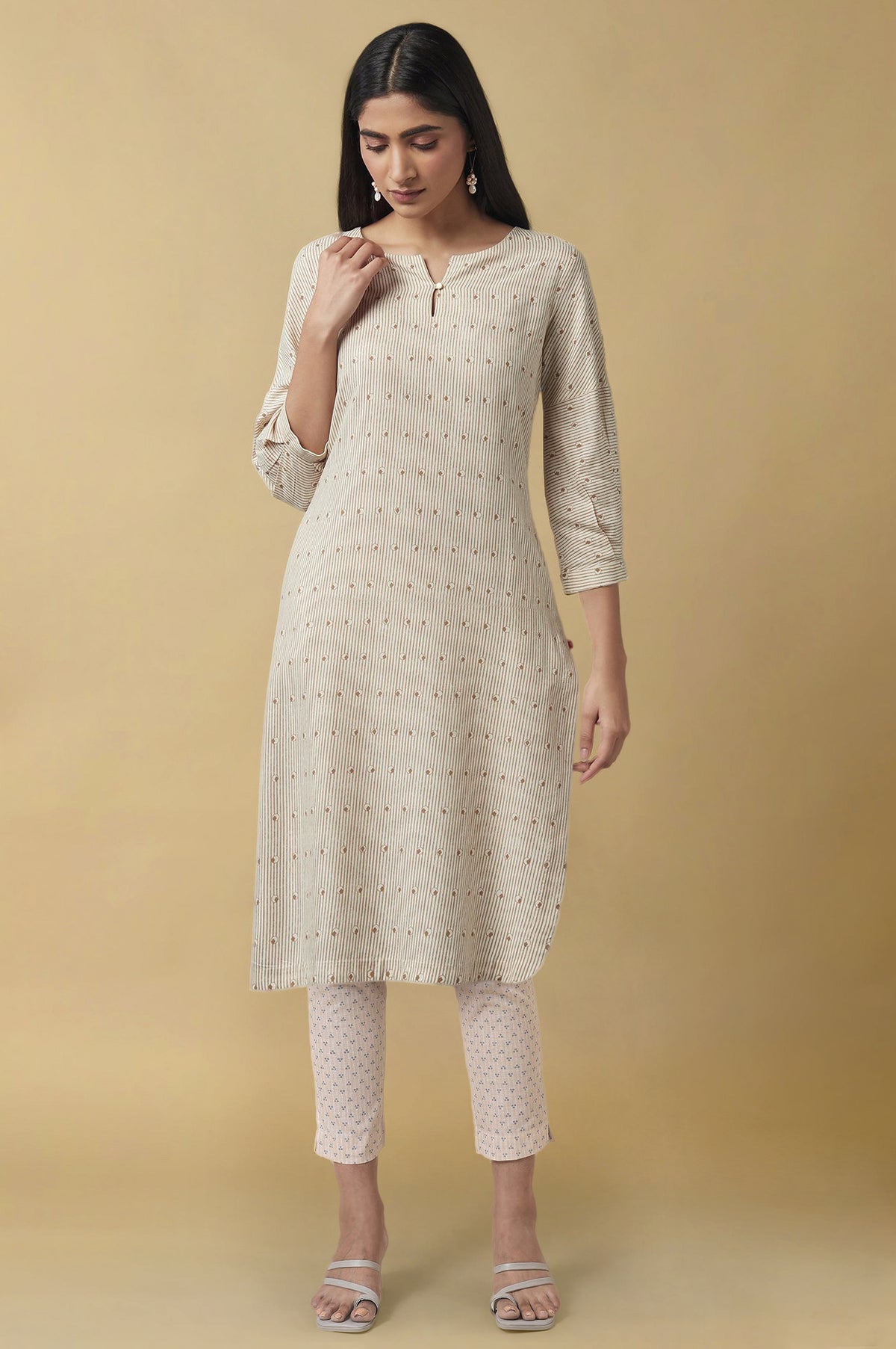 Beige Striped Rayon Straight Kurta and Slim Pant Set - XS