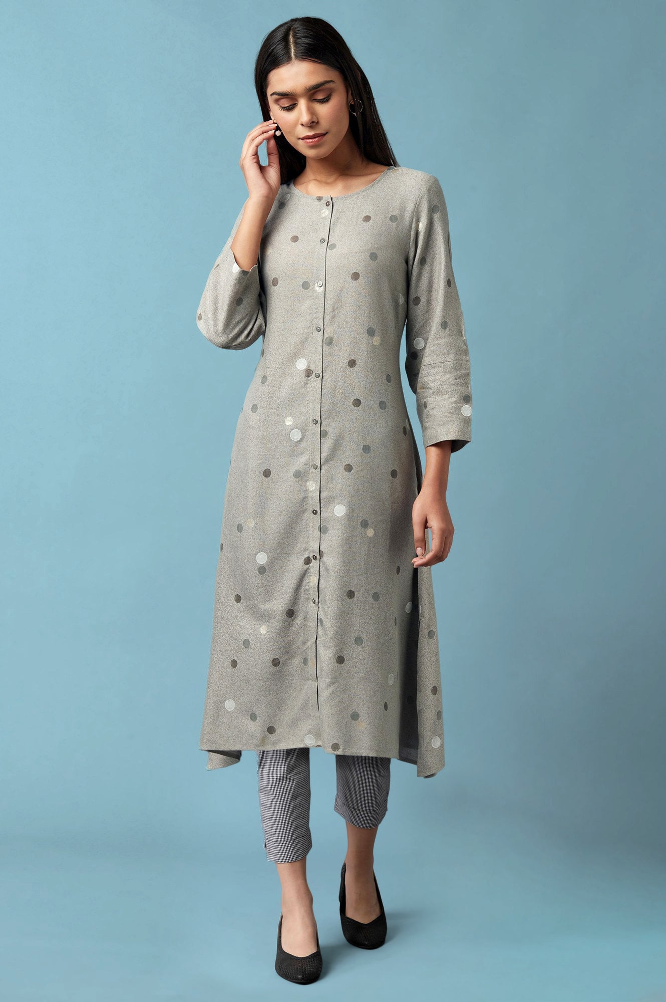 Grey Polka Dots Rayon Flax A-Line Kurta and Slim Pant Set