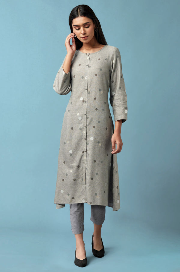 Grey Polka Dots Rayon Flax A-Line Kurta and Slim Pant Set