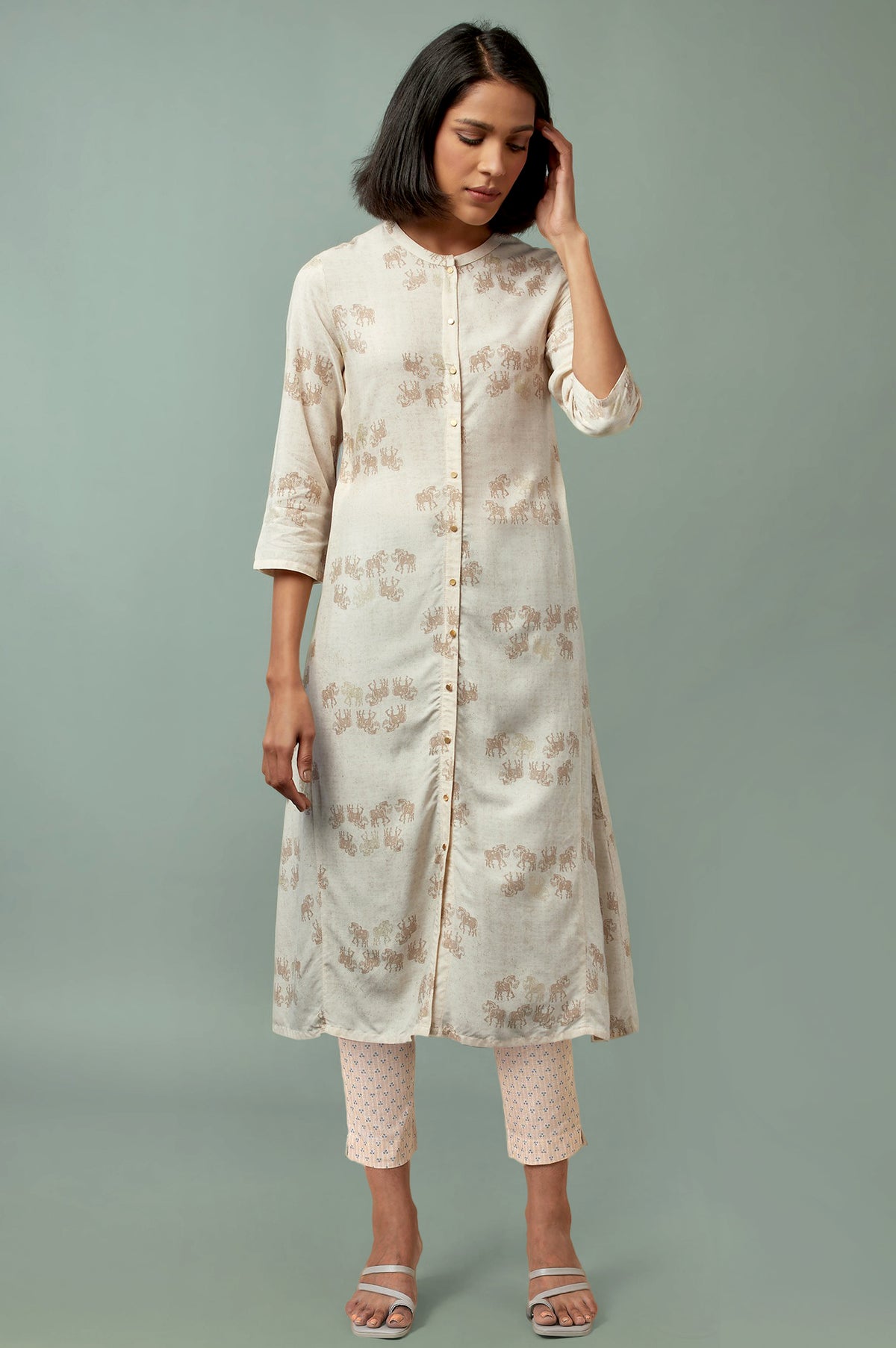 Beige Printed Rayon A-Line Kurta and Slim Pant Set - XS