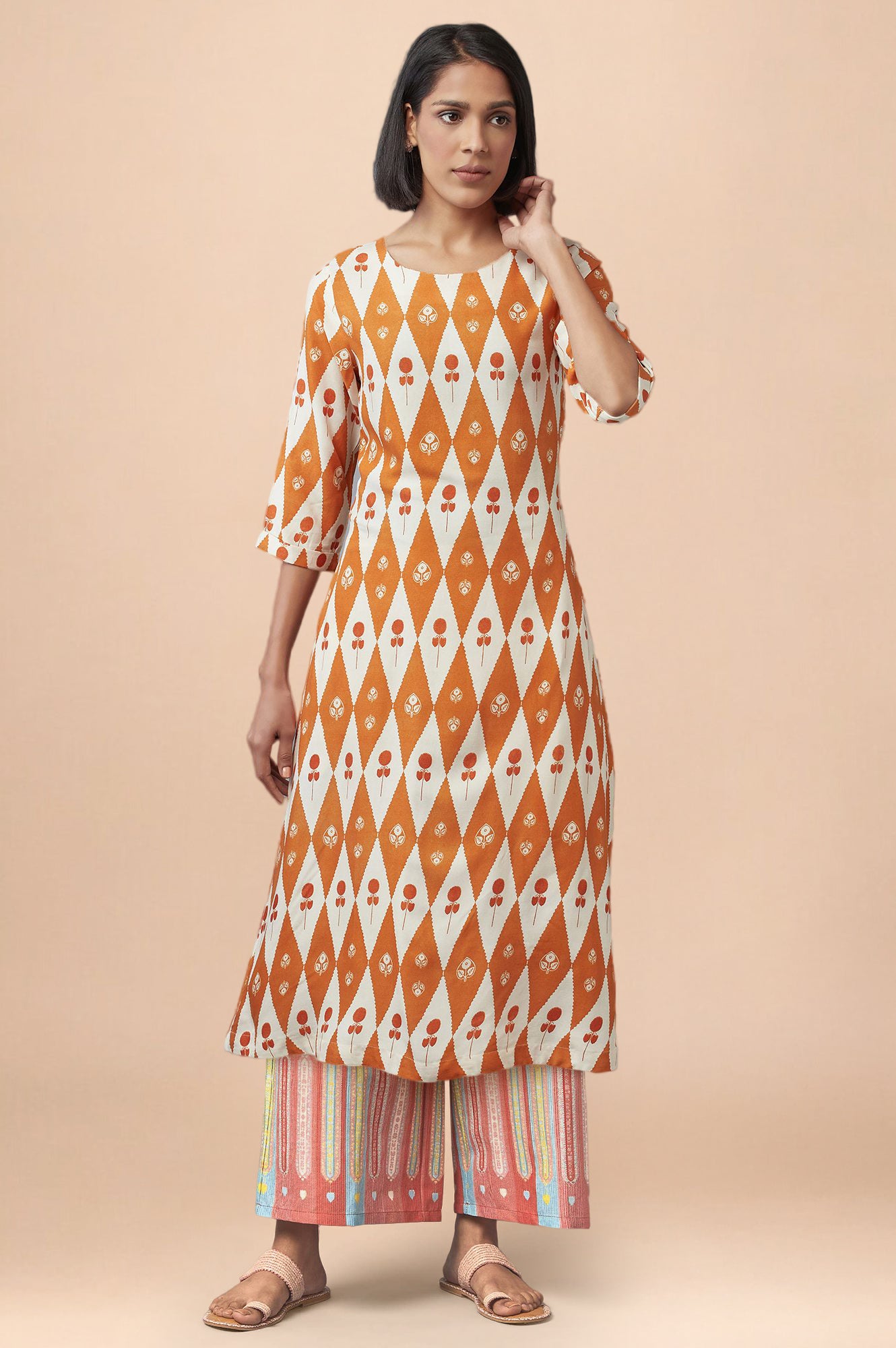 Orange Floral Printed Rayon A-Line Kurta and Parallel Pant Set