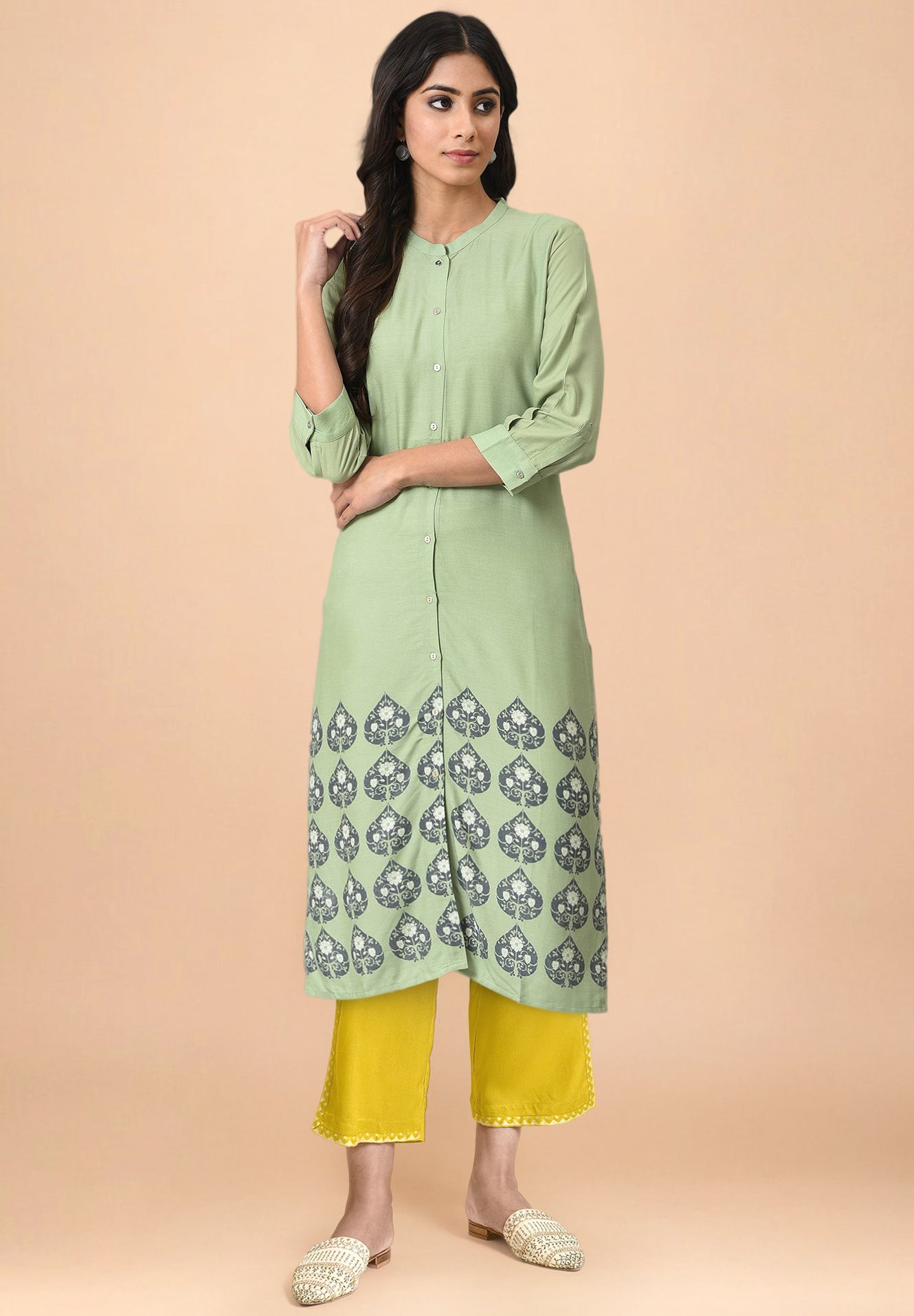Light Green Floral Printed Lace Rayon Straight Kurta and Straight Pant Set