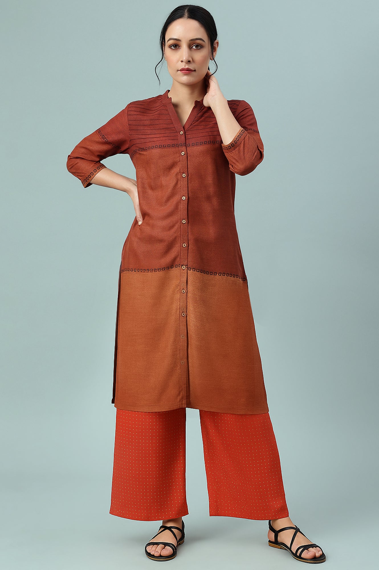Red Geometric Printed Rayon Straight Kurta and Parallel Pant Set