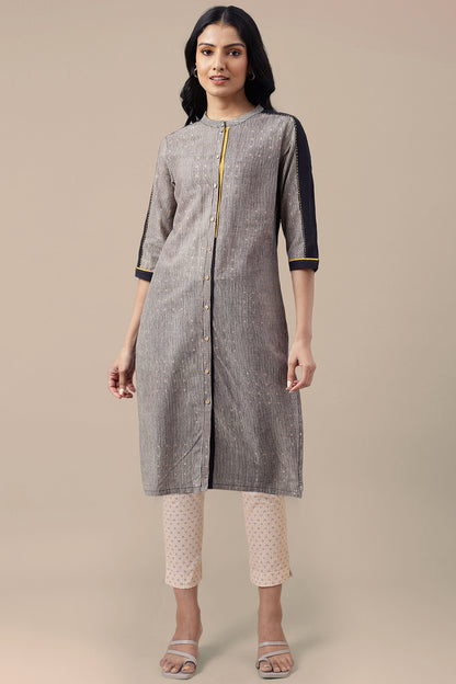 Beige Striped Thread Embroidered Pure Cotton Straight Kurta and Slim Pant Set