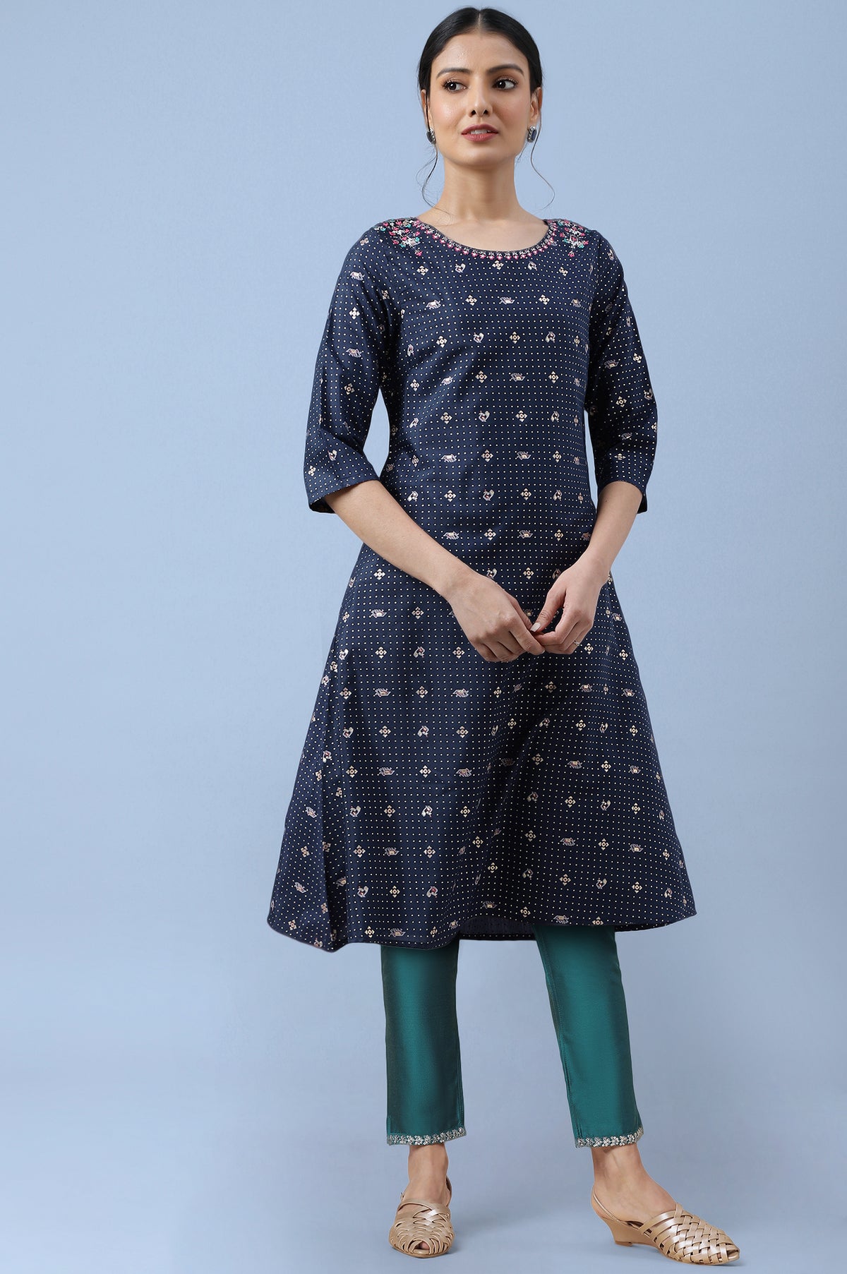 Dark Blue Printed Thread Embroidered Shantung A-Line Kurta and Slim Pant Set - S