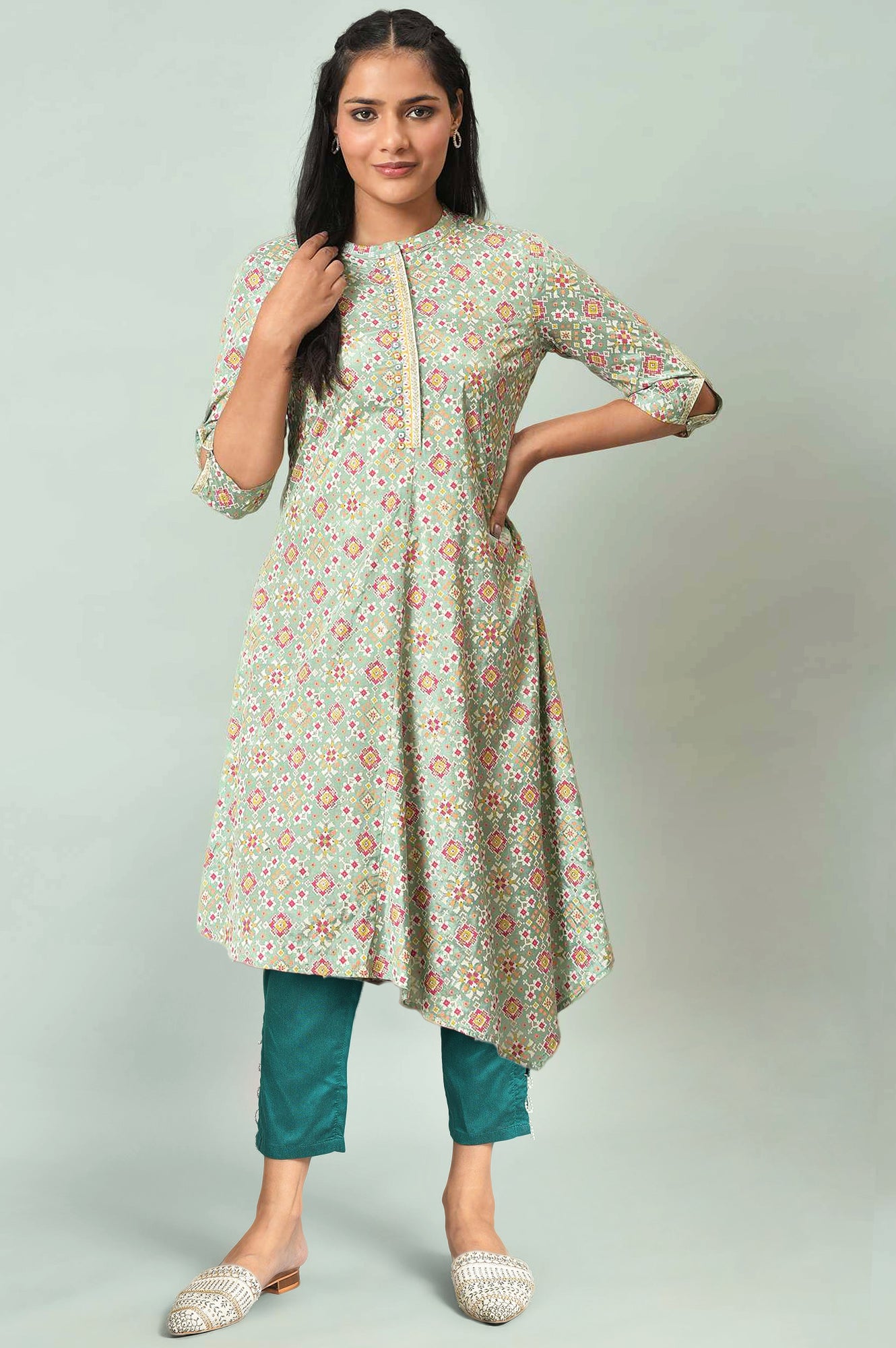 Light Green Geometric Printed Beads Shantung A-Line Kurta and Slim Pant Set