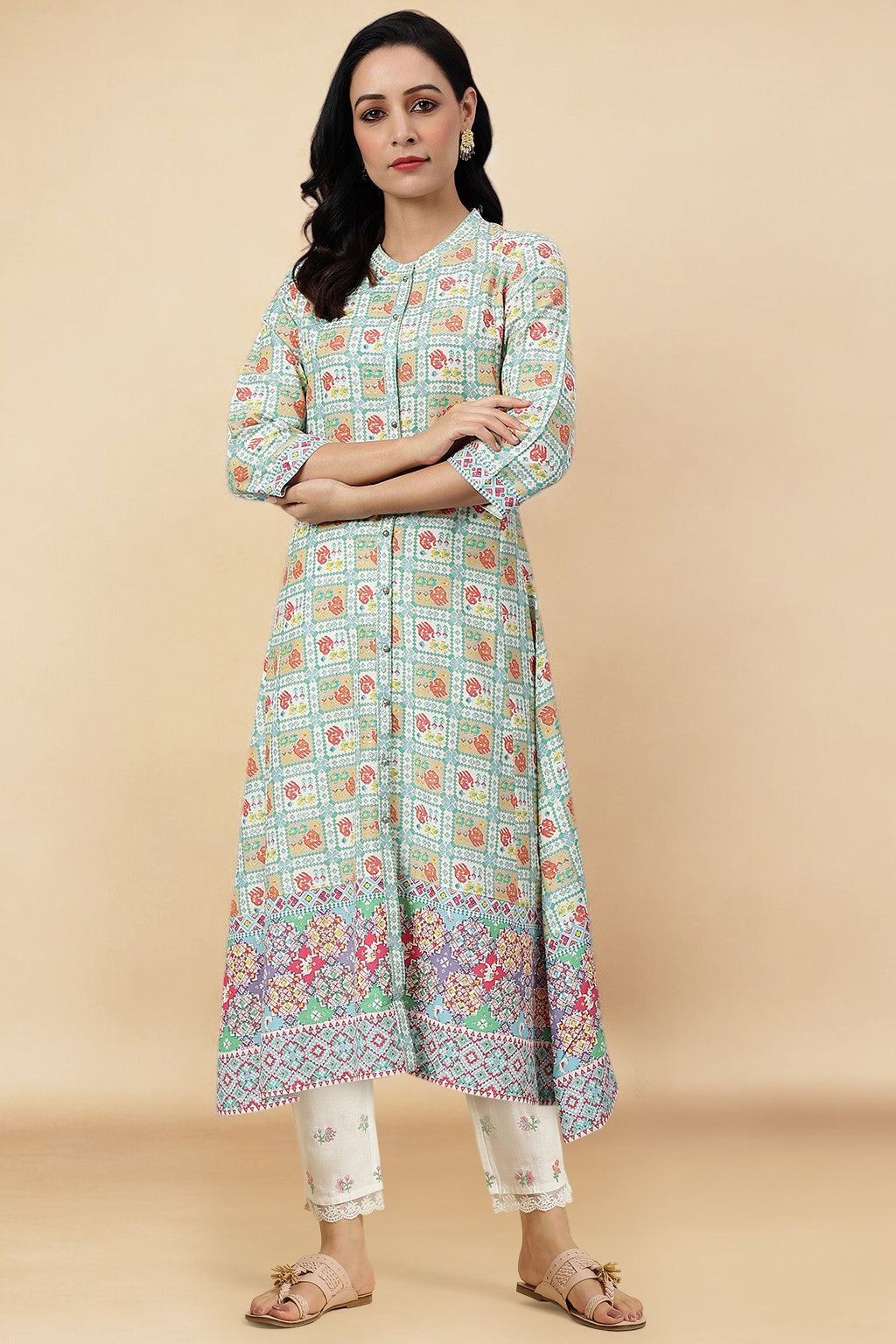 Ecru Printed Thread Work Rayon A-Line Kurta and Slim Pant Set