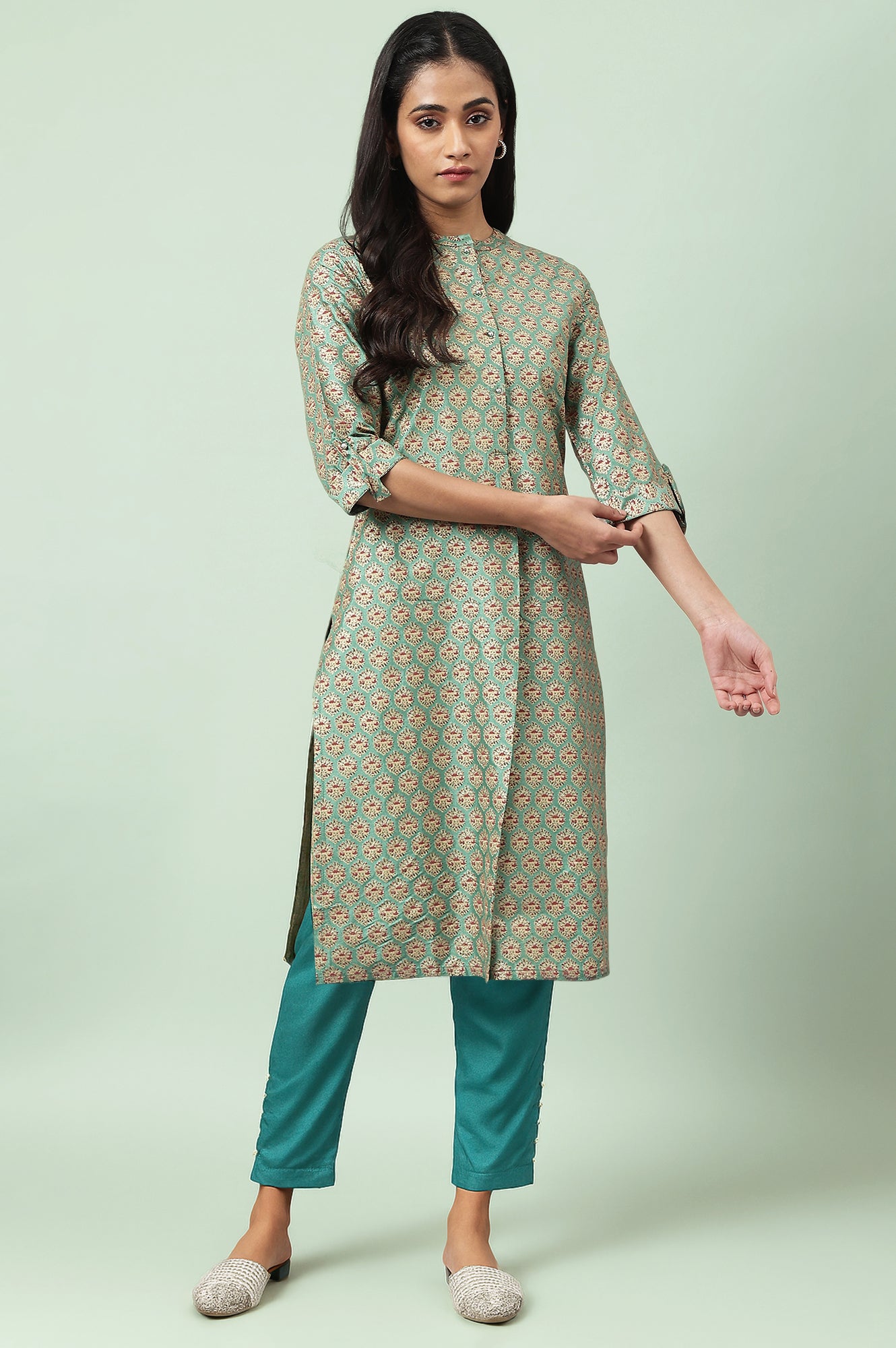 Light Green Floral Printed Beads Shantung Straight Kurta and Slim Pant Set