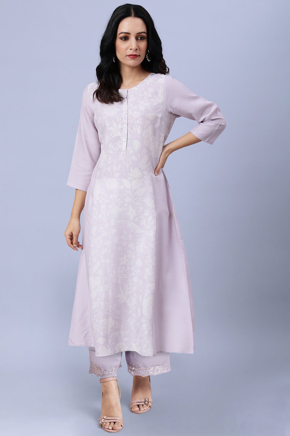 Light Purple Floral Printed Lace Rayon A-Line Kurta and Parallel Pant Set - XS