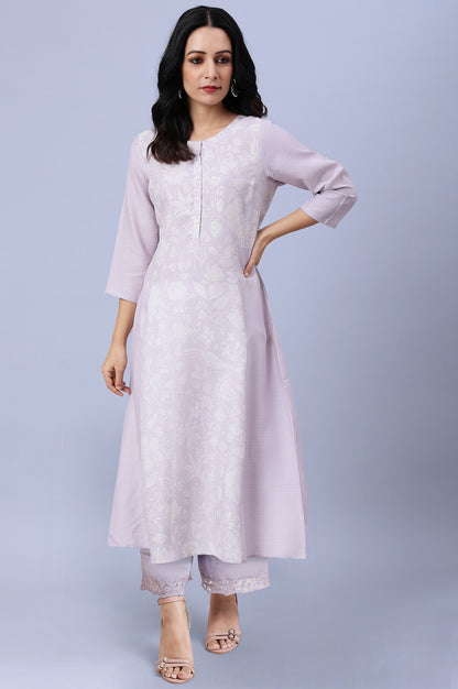 Light Purple Floral Printed Lace Rayon A-Line Kurta and Parallel Pant Set