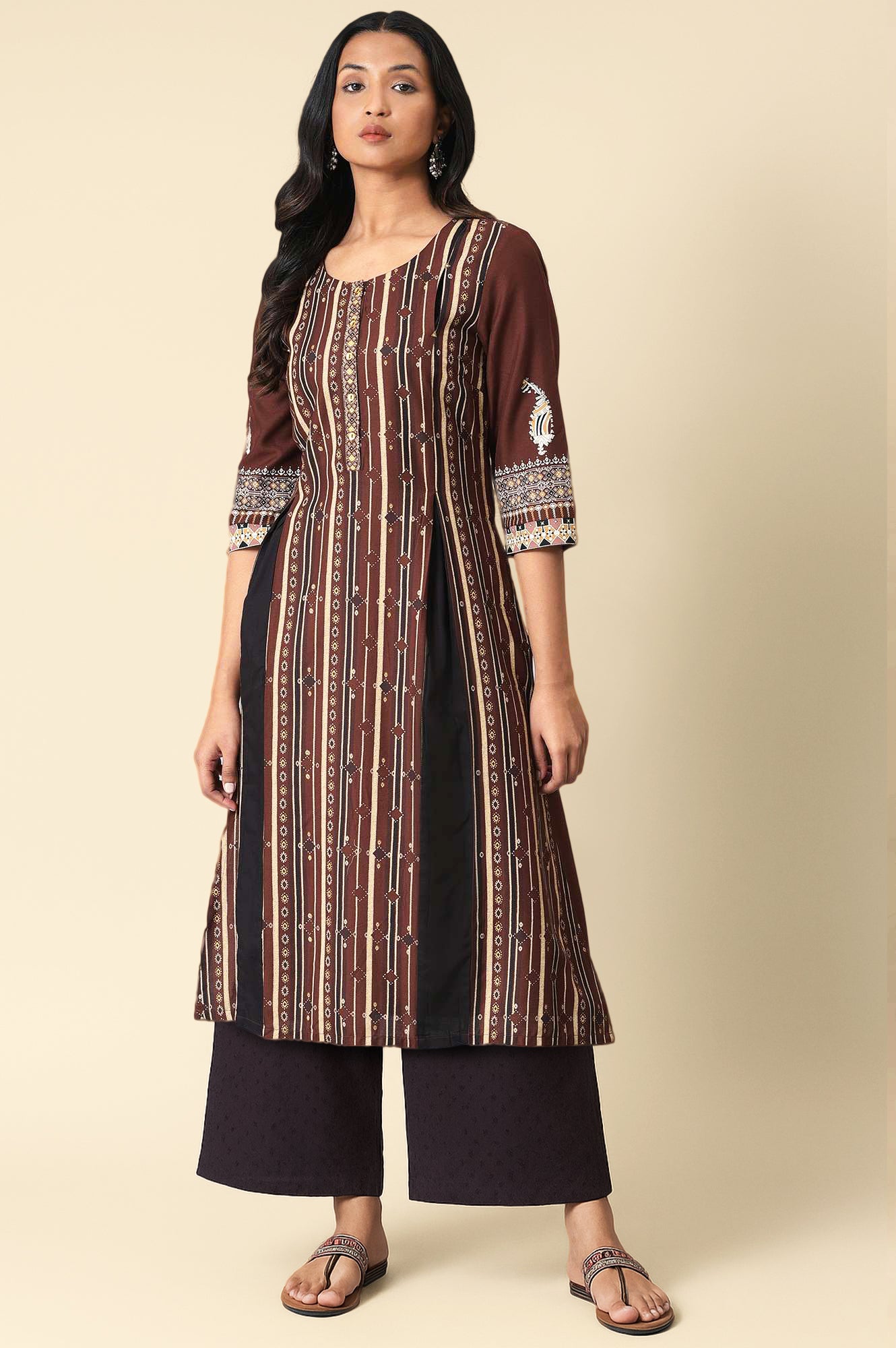 Dark Brown Printed Coins Rayon A-Line Kurta and Parallel Pant Set