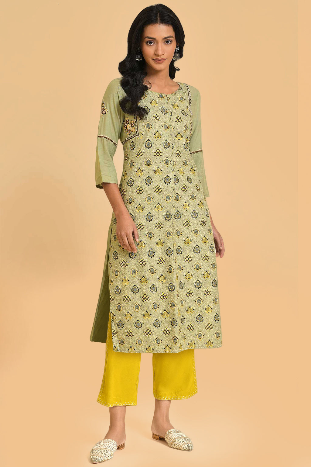 Light Green Printed Thread Embroidered Rayon A-Line Kurta and Straight Pant Set