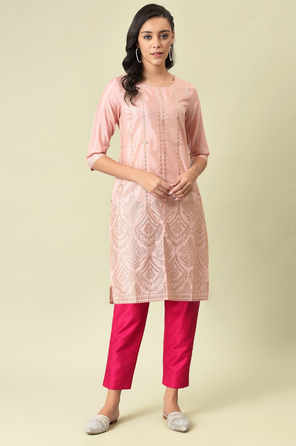 Light Pink Geometric Printed Sequins Shantung Straight Kurta and Slim Pant Set - XS