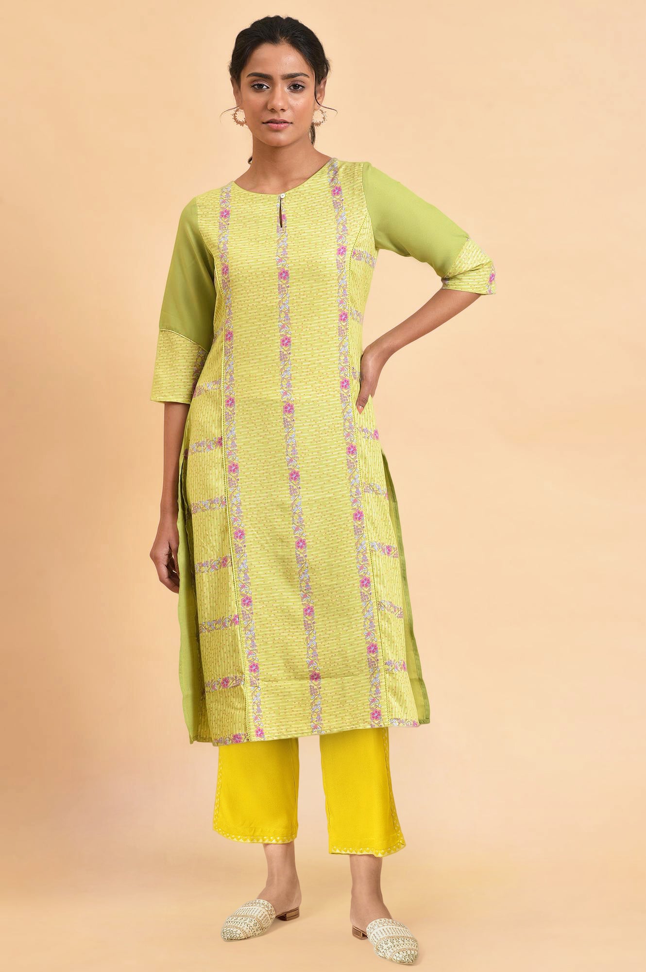 Light Green Floral Printed Lace Spun Poly A-Line Kurta and Straight Pant Set