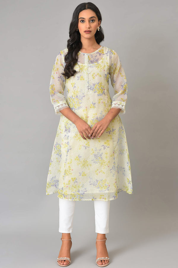 Ecru Floral Printed Lace Kota A-Line Kurta and Jegging Set
