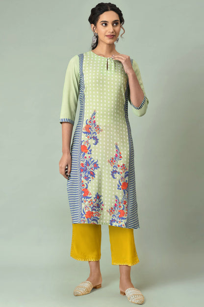 Green Floral Printed Lace Muslin Silk Straight Kurta and Straight Pant Set