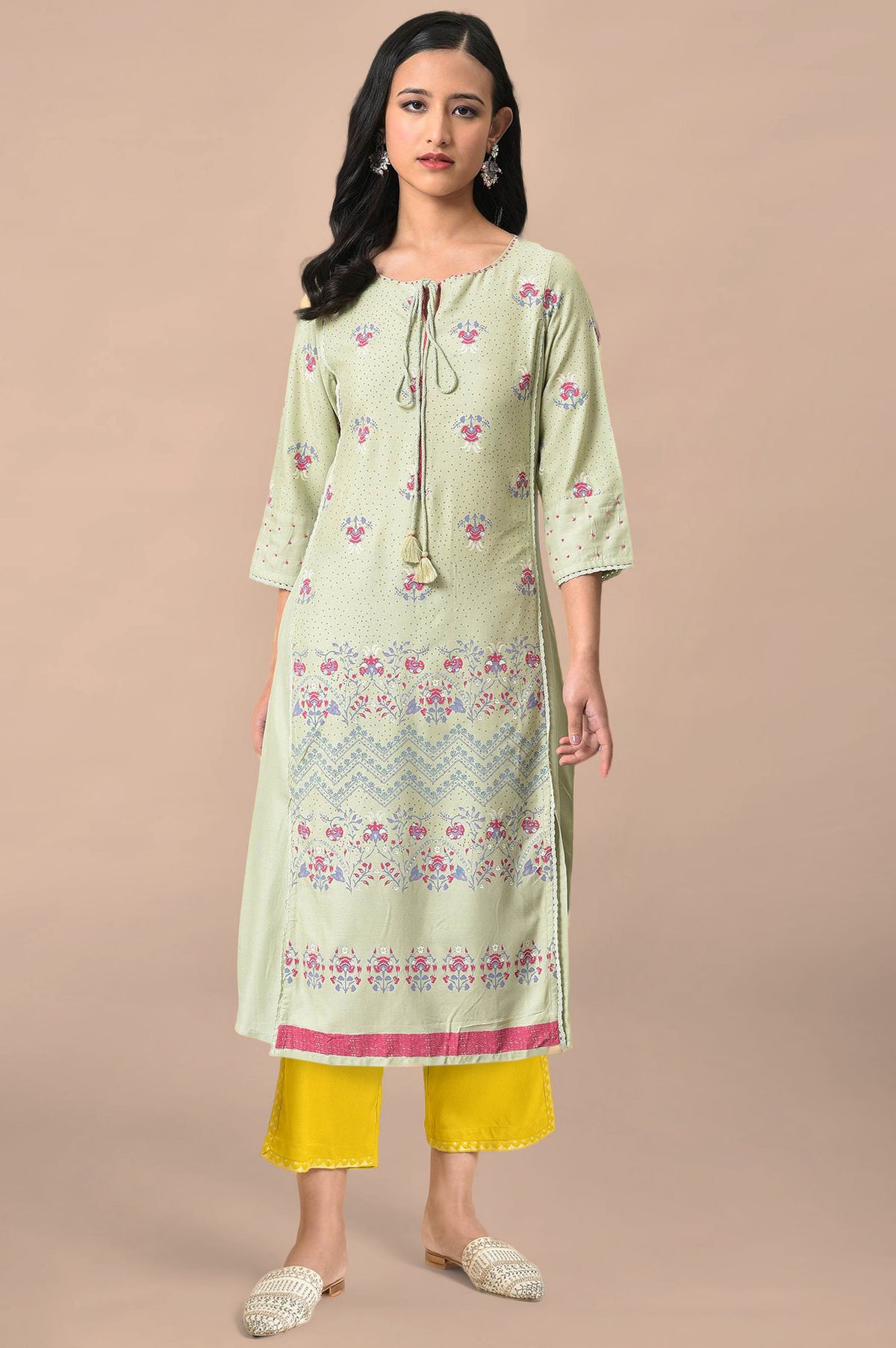 Green Floral Printed Beads Rayon A-Line Kurta and Straight Pant Set - XS