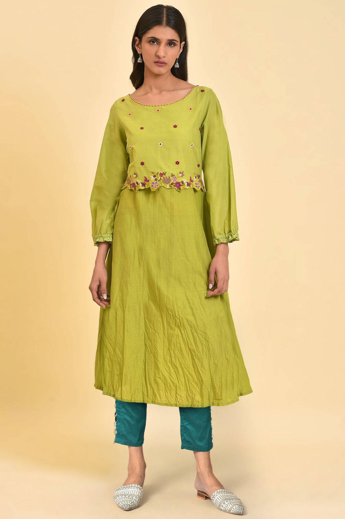 Light Green Solid Thread Embroidered Pure Cotton A-Line Kurta and Slim Pant Set - XS
