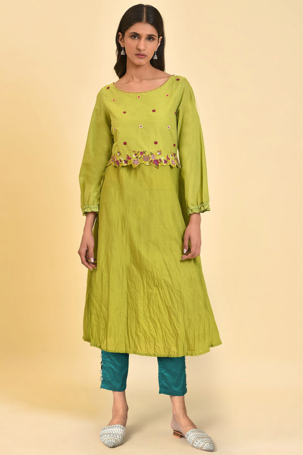 Light Green Solid Thread Embroidered Pure Cotton A-Line Kurta and Slim Pant Set