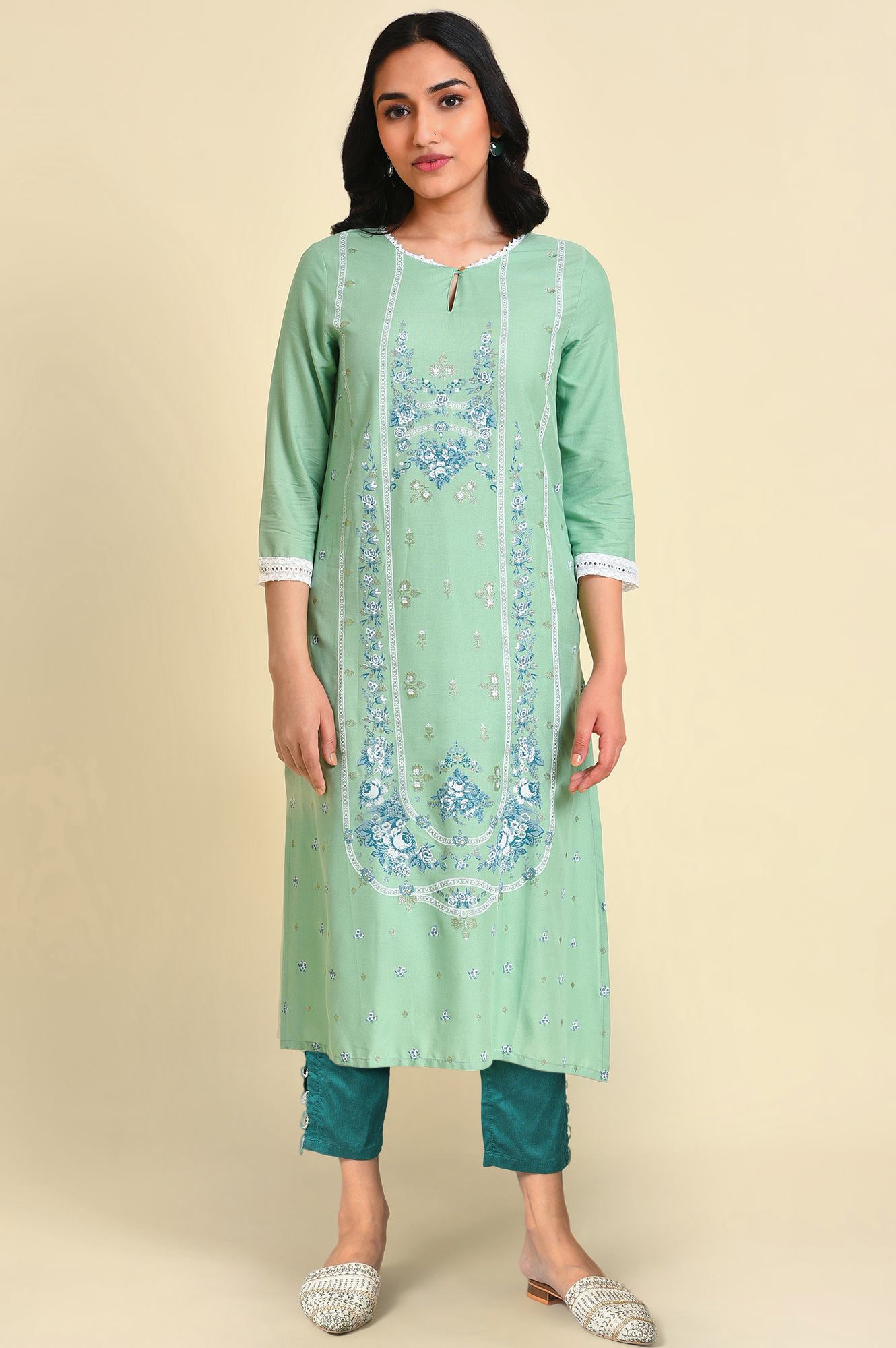 Light Green Floral Printed Lace Rayon Straight Kurta and Slim Pant Set