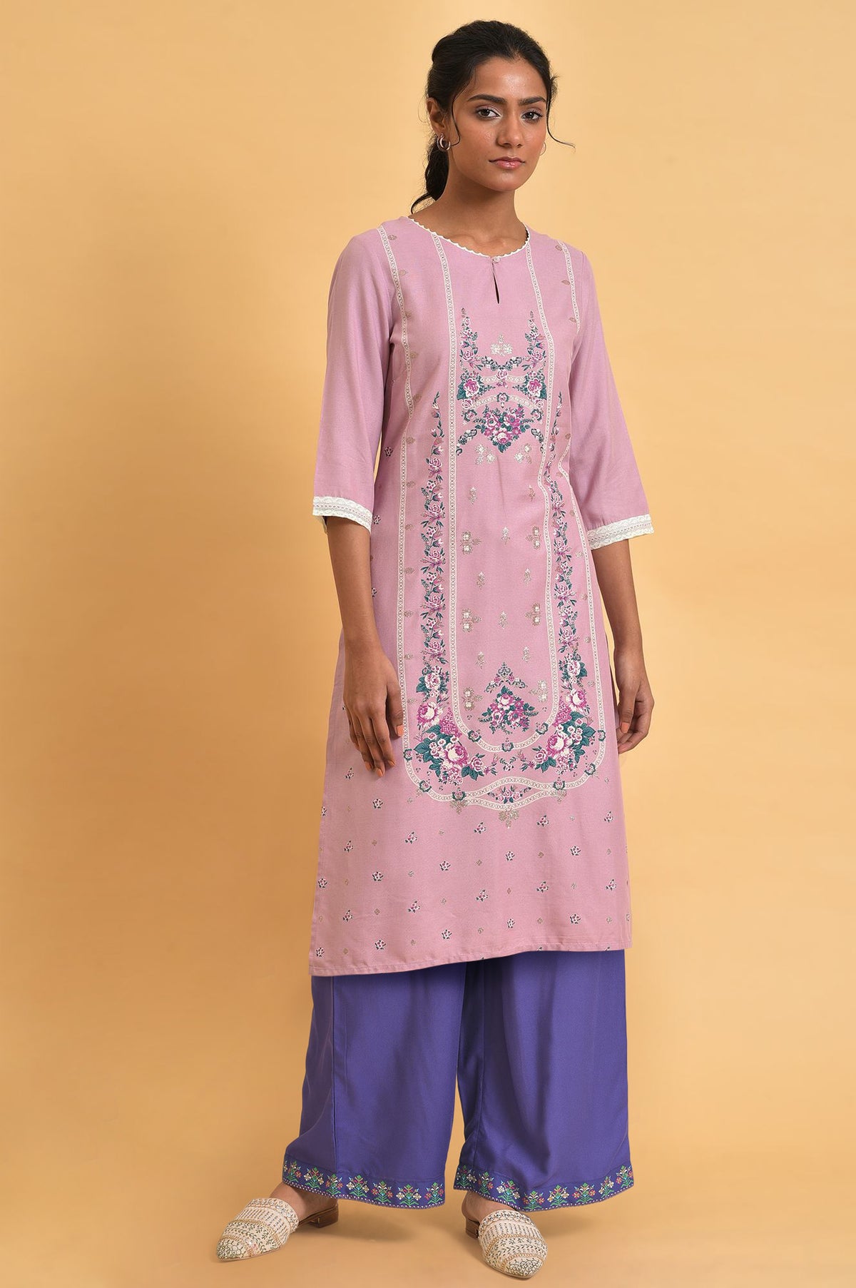 Light Purple Floral Printed Lace Rayon Straight Kurta and Parallel Pant Set - XS