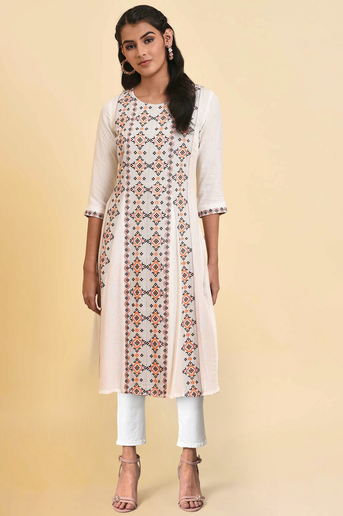 Ecru Geometric Printed Jacquard   Straight Kurta and Jegging Set