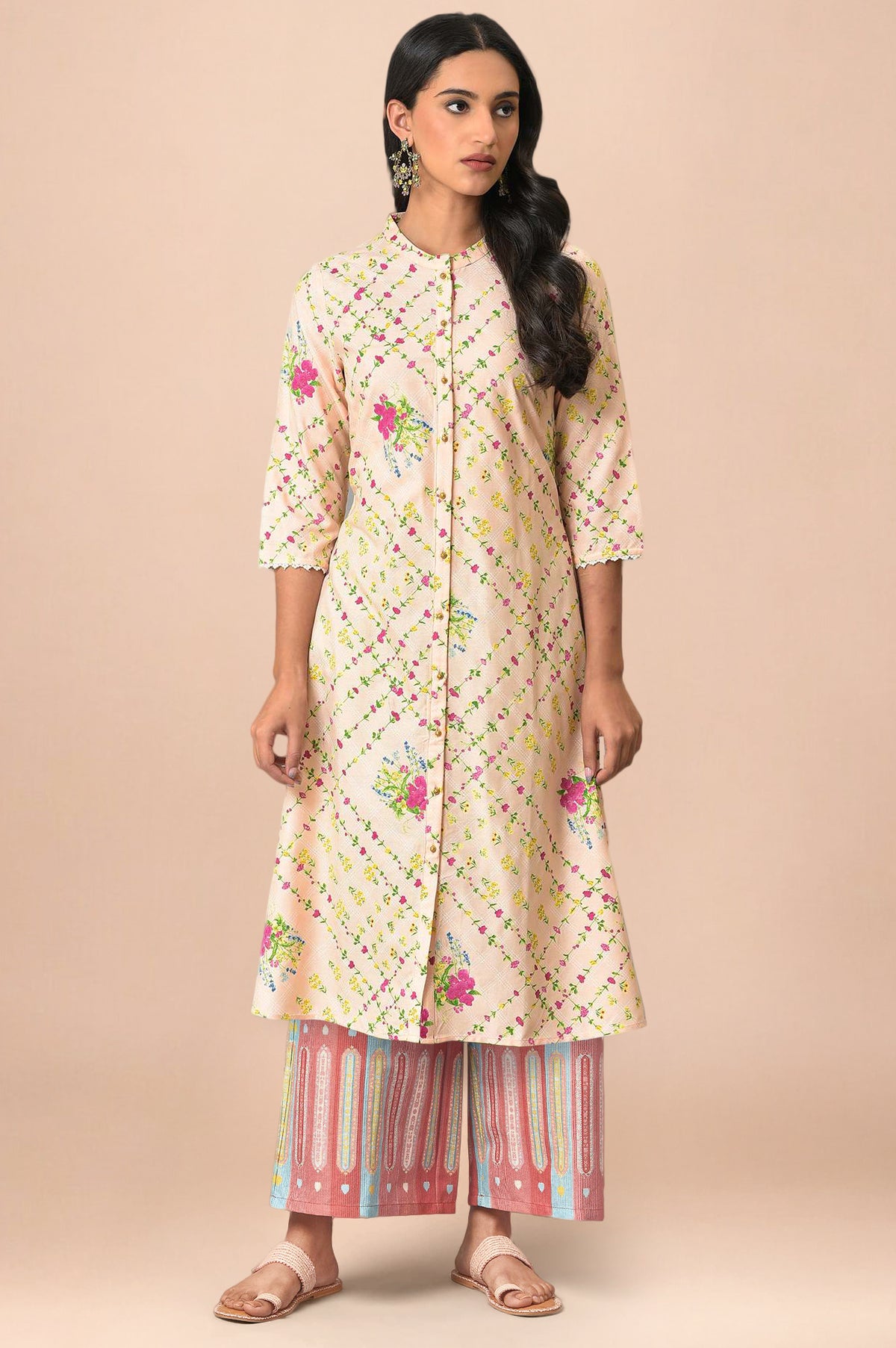 Light Orange Floral Printed Lace Rayon A-Line Kurta and Parallel Pant Set - XS