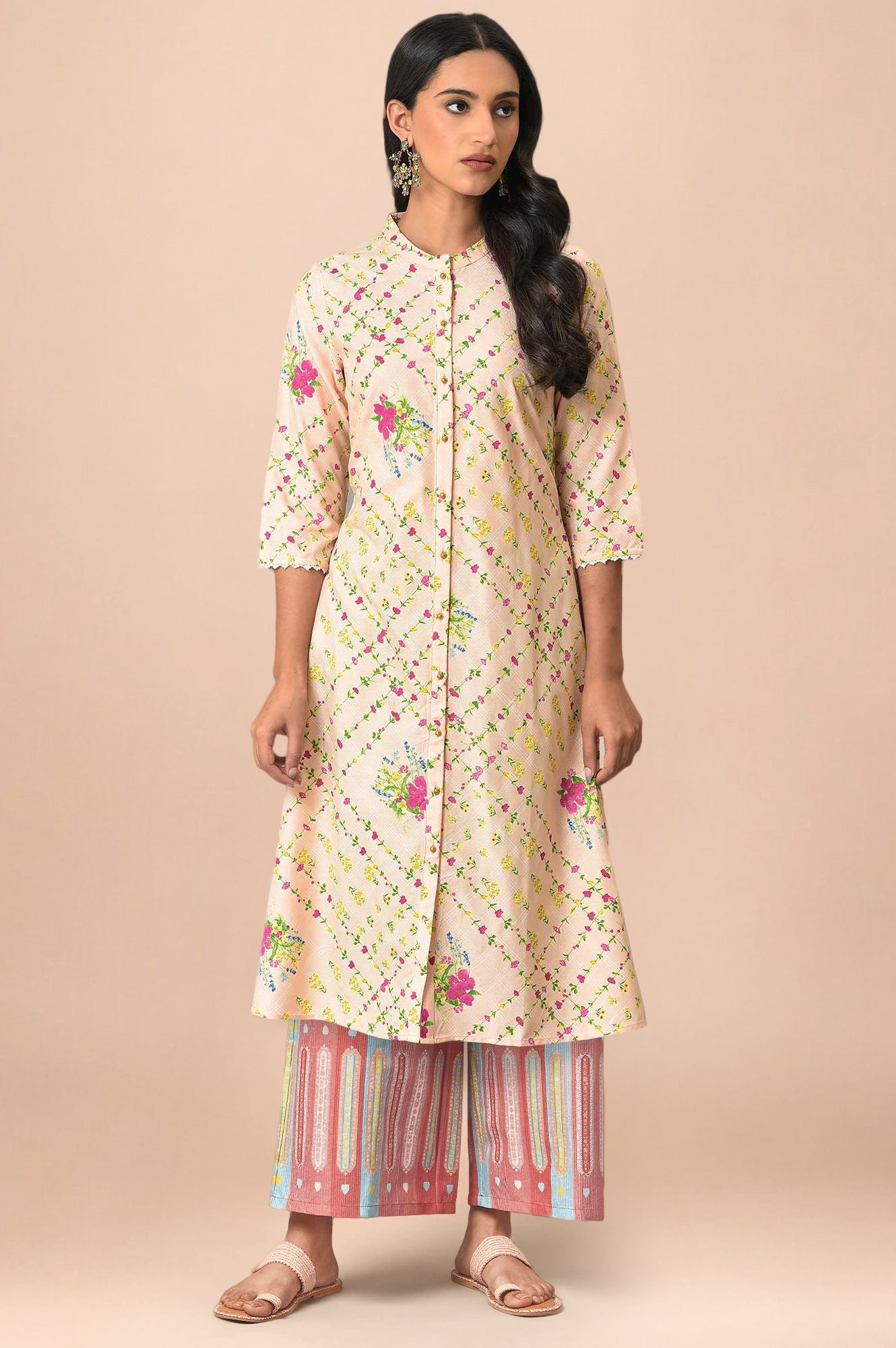 Light Orange Floral Printed Lace Rayon A-Line Kurta and Parallel Pant Set