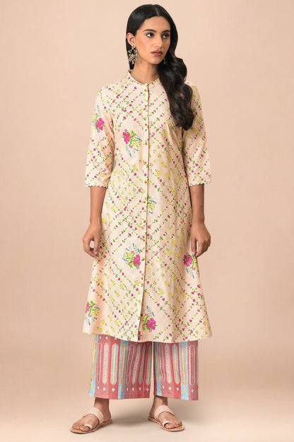 Light Orange Floral Printed Lace Rayon A-Line Kurta and Parallel Pant Set