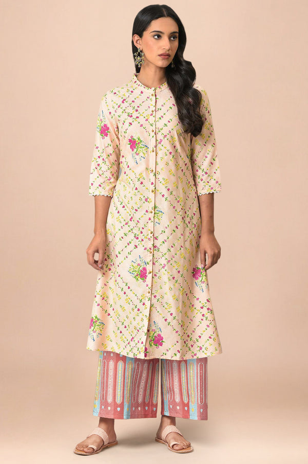 Light Orange Floral Printed Lace Rayon A-Line Kurta and Parallel Pant Set