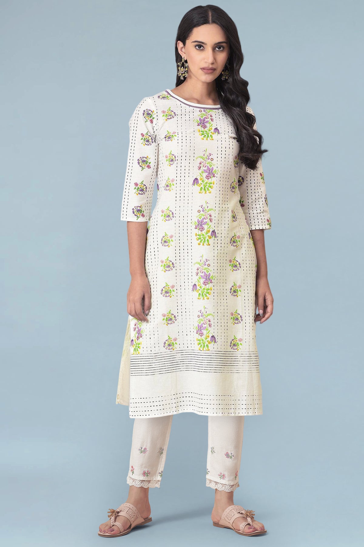 Ecru Floral Lace Cotton Flax Straight Kurta and Slim Pant Set - XS