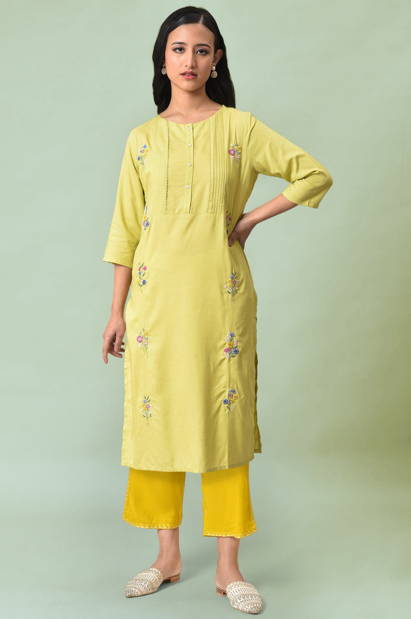 Light Green Solid Thread Embroidered Rayon Straight Kurta and Straight Pant Set