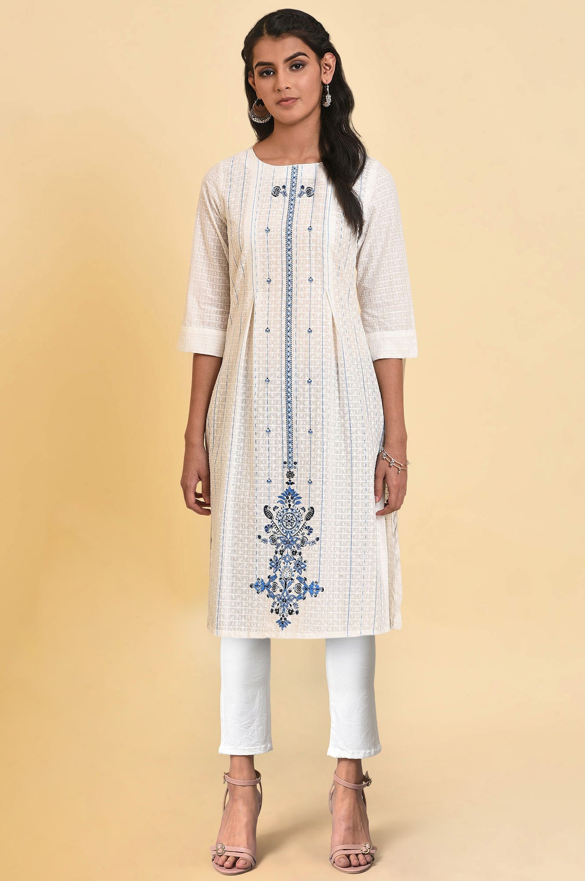 Ecru Floral Printed Pure Cotton Straight Kurta and Jegging Set - XS