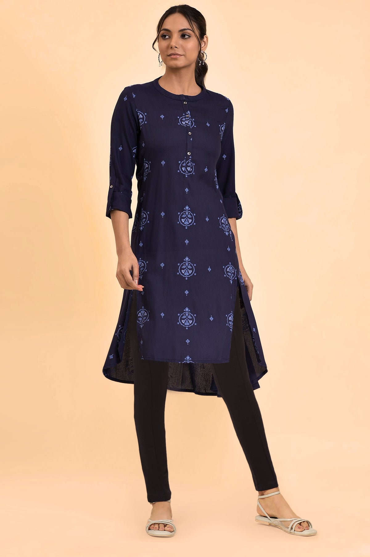 Dark Blue Floral Printed Rayon Asymmetric Kurta and Jegging Set - S