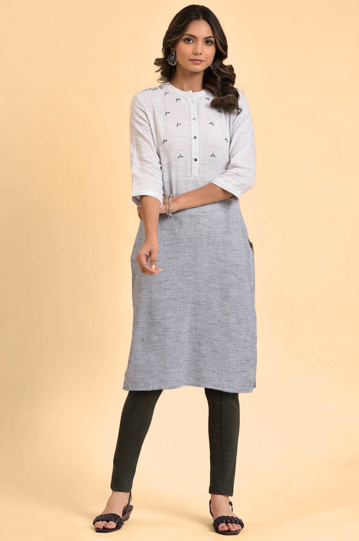 Light Grey Striped Thread Embroidered Pure Cotton Straight Kurta and Slim Pant Set - S