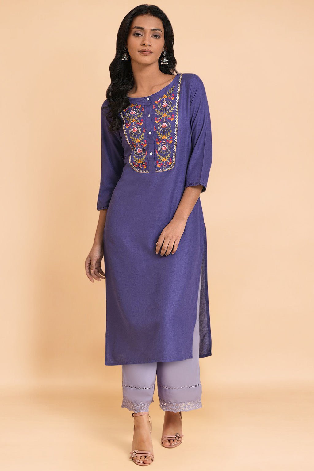Purple Solid Thread Embroidered Rayon Straight Kurta and Parallel Pant Set - XS
