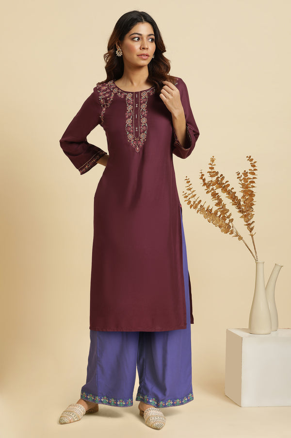 Purple Solid Zari Rayon Straight Kurta and Parallel Pant Set