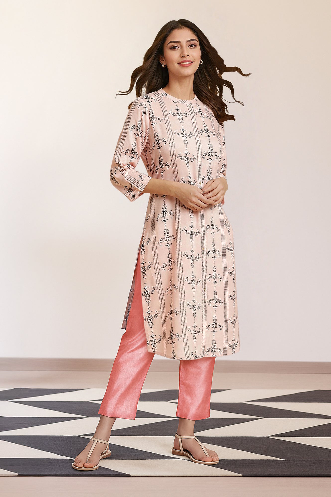Pink Geometric Printed Rayon Straight Kurta and Slim Pant Set