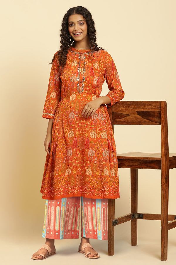 Orange Floral Printed Sequins A-Line Kurta and Parallel Pant Set