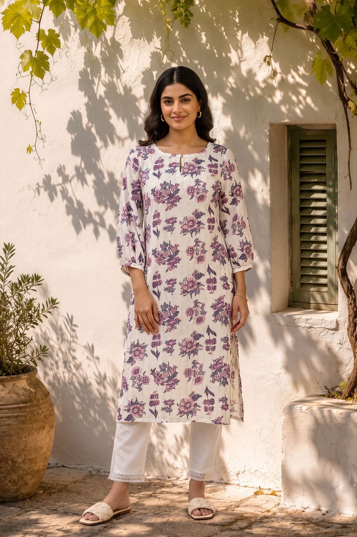 Off White Floral Printed Straight Kurta with Slim Pant
