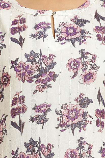 Off White Floral Printed Straight Kurta with Slim Pant
