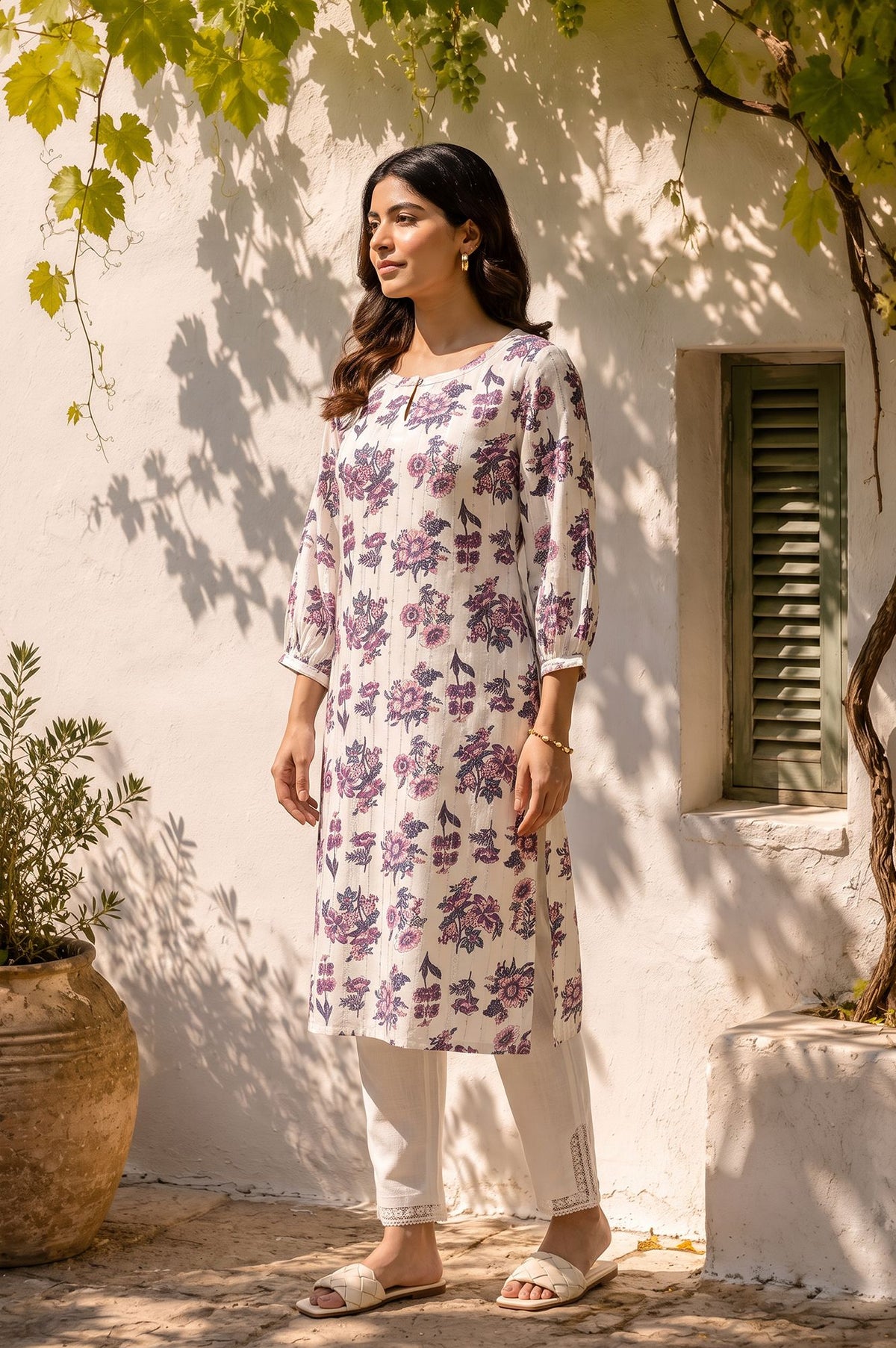 Off White Floral Printed Straight Kurta with Slim Pant