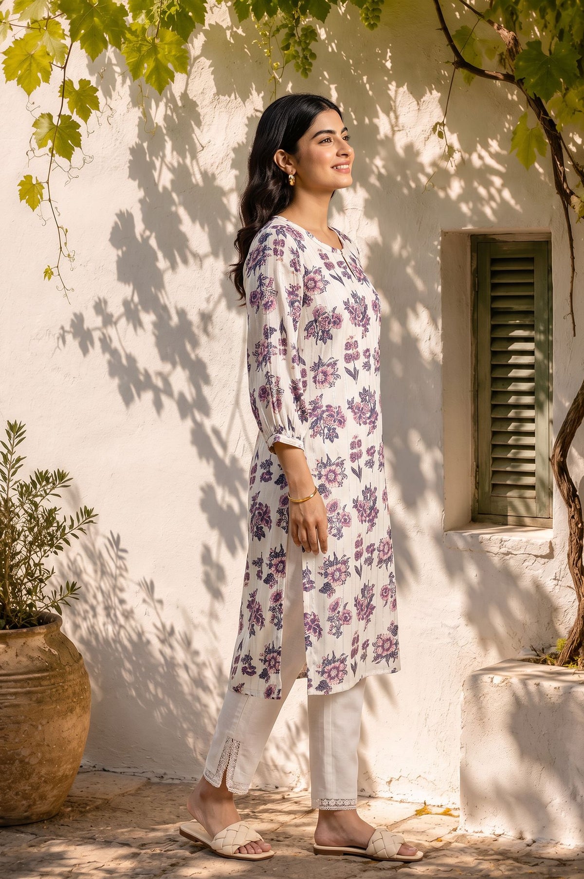 Off White Floral Printed Straight Kurta with Slim Pant