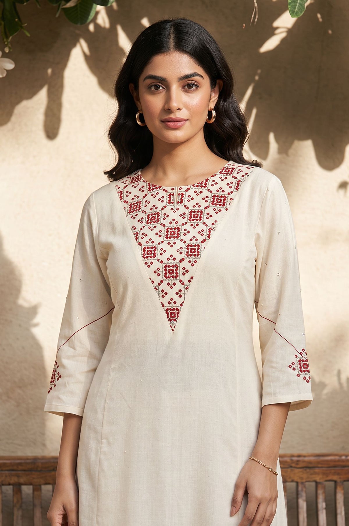 Off White Thread Embroidered Rayon Flax Straight Kurta with Pants Set