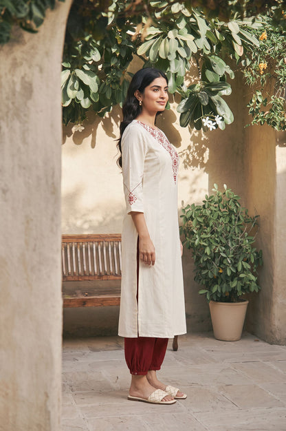 Off White Thread Embroidered Rayon Flax Straight Kurta with Pants Set